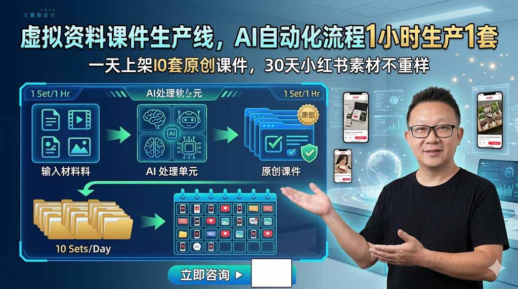 虚拟资料课件生产线，AI自动化流程1小时生产1套，一天上架10套原创课件，30天小红书素材不重样-钱途社