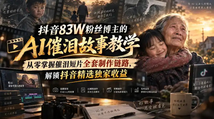 抖音83W粉丝博主的AI催泪故事教学，从零掌握催泪短片全套制作链路，解锁抖音精选独家收益-钱途社