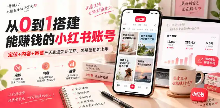 从0到1搭建能賺钱的小红书账号，定位+内容+运营三天跑通变现闭环-钱途社