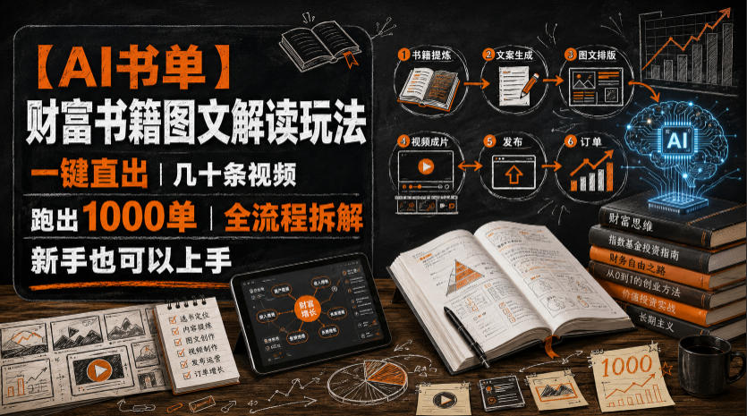 【AI书单】财富书籍图文解读玩法，一键直出，几十条视频，跑出1000单，全流程拆解，新手也可以上手-钱途社