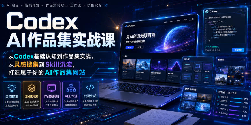 Codex AI作品集实战课，从Codex基础认知到作品集实战，从灵感搜集到Skill沉淀，打造属于你的AI作品集网站-钱途社