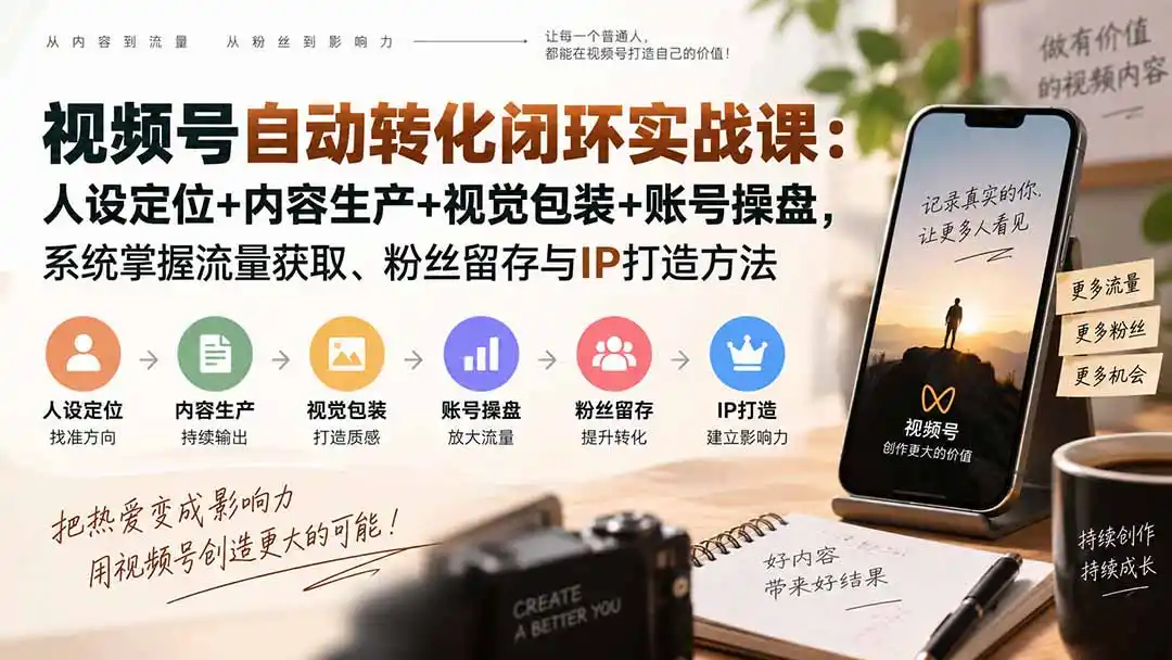 视频号自动转化闭环实战课：人设定位+内容生产+视觉包装+账号操盘，系统掌握流量获取、粉丝留存与IP打造方法-钱途社