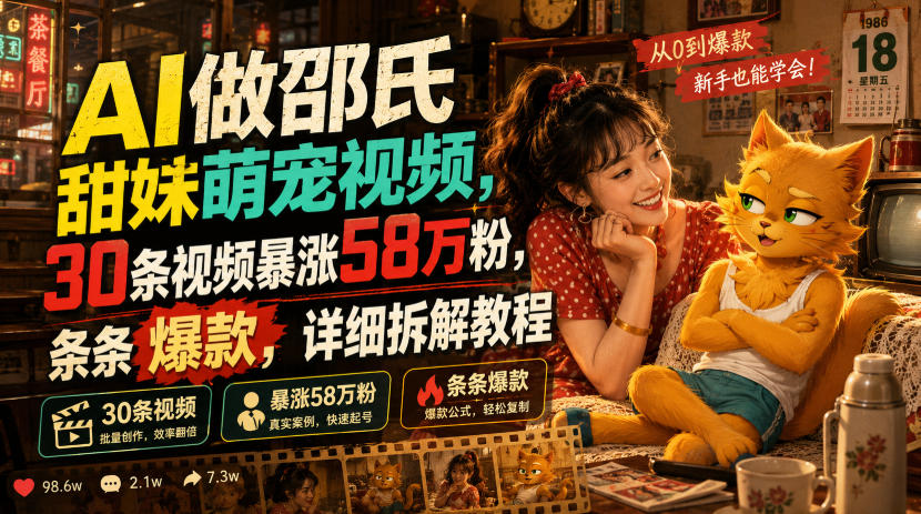 AI做邵氏甜妹萌宠视频，30条视频暴涨58万粉，条条爆款，详细拆解教程-钱途社