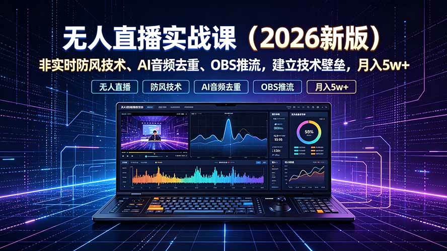 （19292期）无人直播实战课（更新7月），非实时防风技术、AI音频去重、OBS推流，建立技术壁垒，月入5w+-钱途社