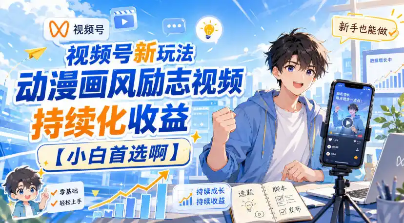 视频号新玩法动漫画风励志视频，持续化收益【小白首选啊】-钱途社