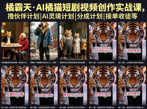 橘霸天·AI橘猫短剧视频创作实战课，撸伙伴计划|AI灵境计划|分成计划|接单收徒等-钱途社