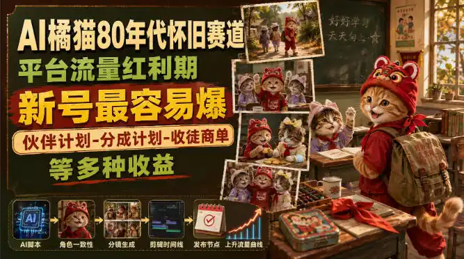 AI橘猫80年代怀旧赛道，平台流量红利期，新号最容易爆，伙伴计划-分成计划-收徒商单等多种收益-钱途社