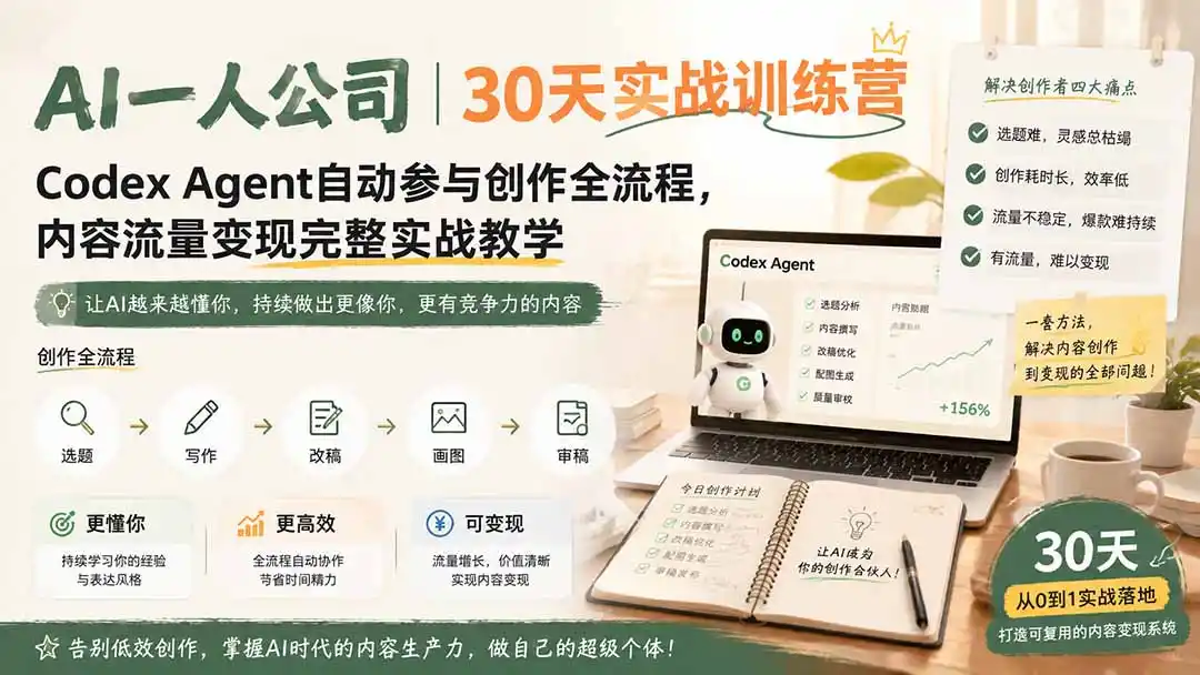 AI一人公司｜30天实战训练营；Codex Agent自动参与创作全流程，内容流量变现完整实战教学-钱途社