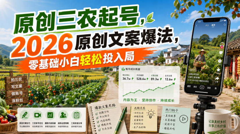 原创三农起号，2026原创文案爆法，零基础小白轻松投入局-钱途社