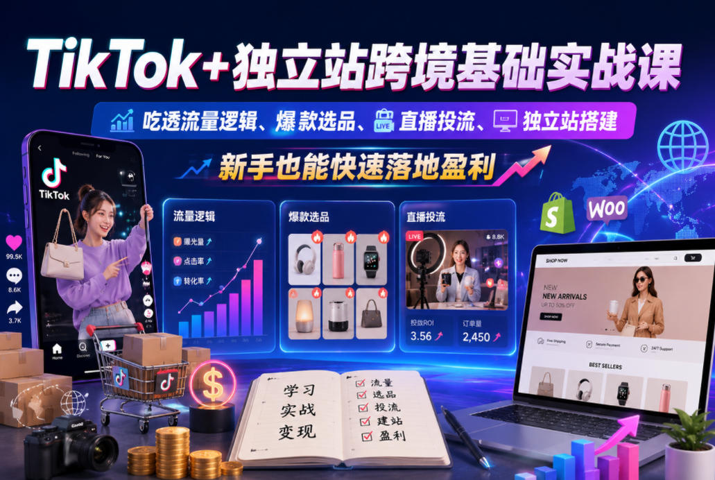 TikTok+独立站跨境基础实战课，吃透流量逻辑、爆款选品、直播投流与独立站搭建，新手也能快速落地盈利-钱途社