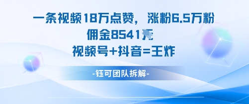 一条视频18W点赞，涨粉6.5W粉佣金8541米，视频号+抖音=王炸-钱途社
