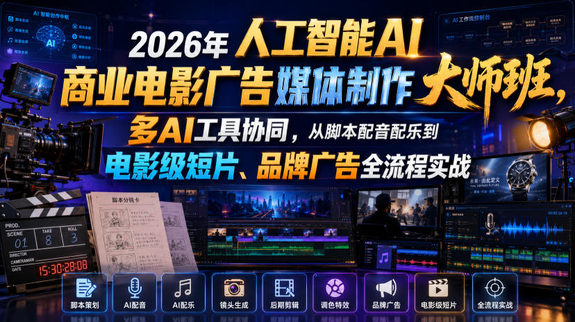 2026年人工智能AI商业电影广告媒体制作大师班，多AI工具协同，从脚本配音配乐到电影级短片、品牌广告全流程实战(中英字幕)-钱途社