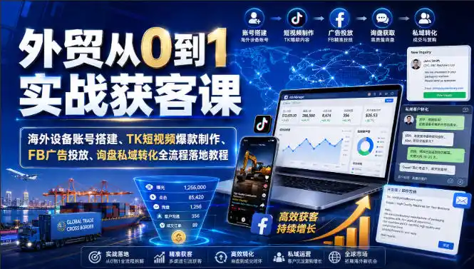 外贸从0到1实战获客课｜海外设备账号搭建、TK短视频爆款制作、FB广告投放、询盘私域转化全流程落地教程-钱途社