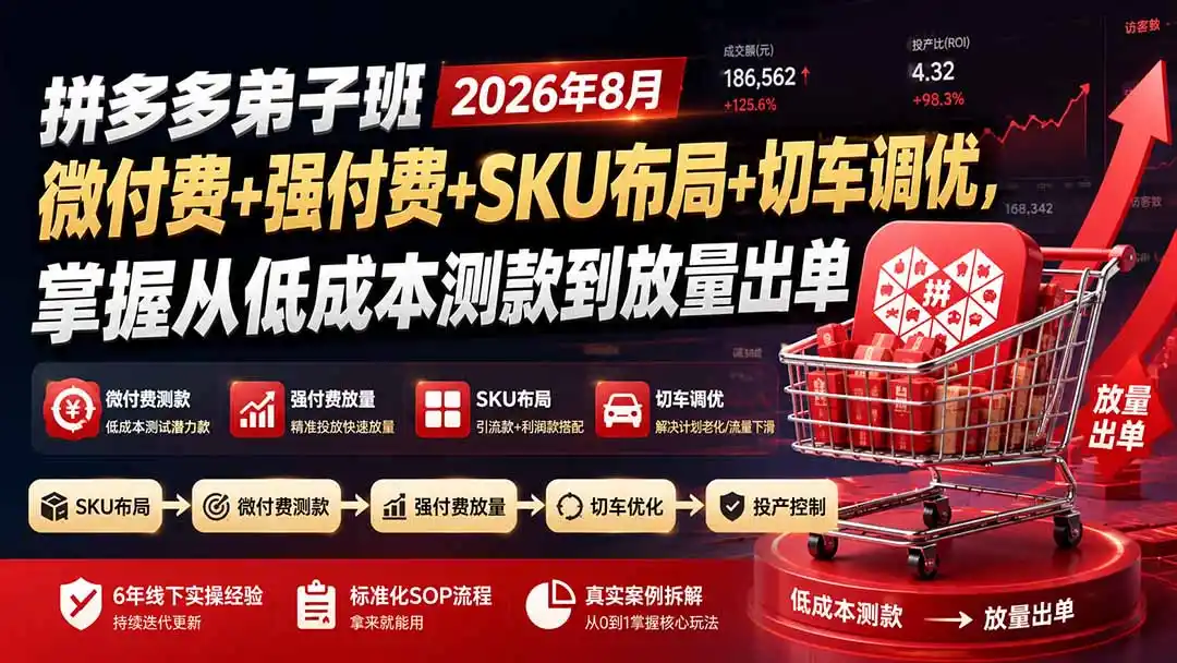 拼多多弟子班2026年8月：微付费+强付费+SKU布局+切车调优，掌握从低成本测款到放量出单-钱途社
