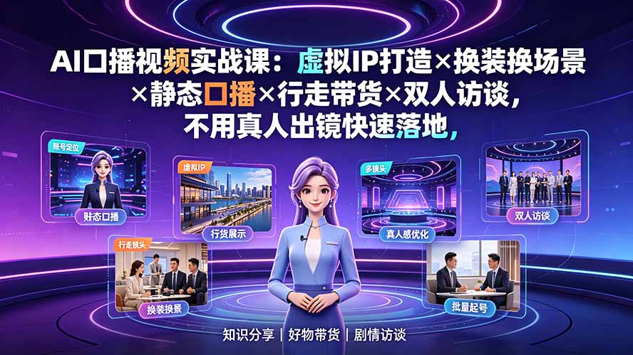 AI口播视频实战课：虚拟IP打造×换装换场景×静态口播×行走带货×双人访谈，不用真人出镜快速落地-钱途社