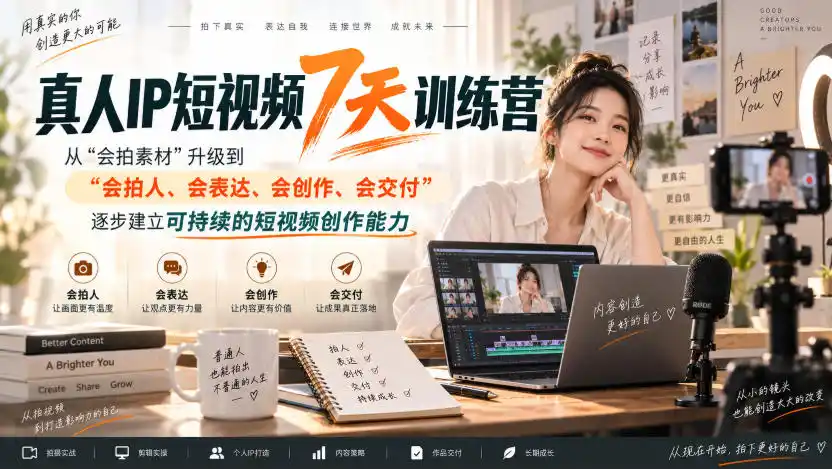 真人IP短视频7天训练营，从“会拍素材”升级到“会拍人、会表达、会创作、会交付”，逐步建立可持续的短视频创作能力-钱途社