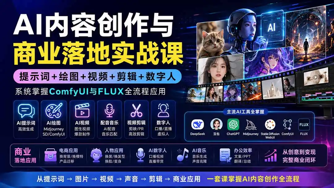 AI内容创作与商业落地实战课：提示词+绘图+视频+剪辑+数字人，系统掌握ComfyUI与FLUX全流程应用-钱途社