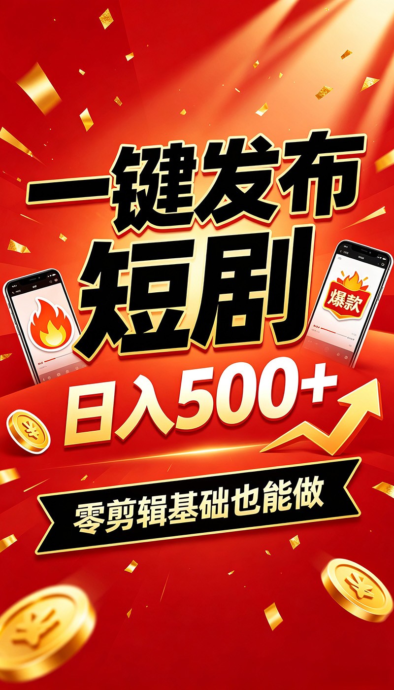 快手短剧一键发布，不用剪辑操作简单，副业日入500+。空闲时间轻松赚收益-钱途社