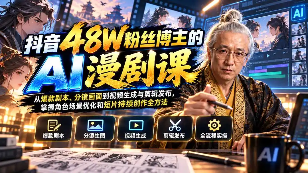 抖音48W粉丝博主的AI漫剧课：从爆款剧本、分镜画面到视频生成与剪辑发布，掌握角色场景优化和短片持续创作全方法-钱途社
