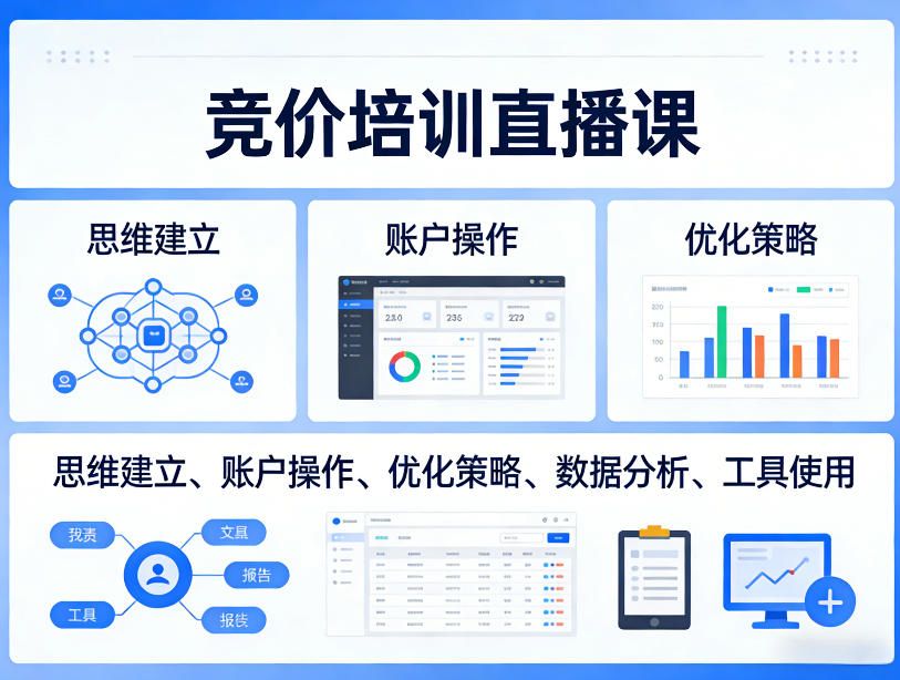 竞价培训直播课,覆盖思维建立、账户操作、优化策略、数据分析、工具使用等,全方位提升效果-钱途社
