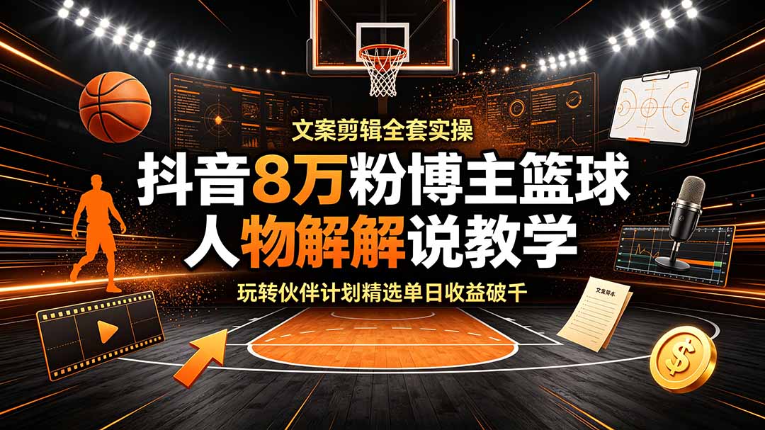 抖音8万粉博主篮球人物解说教学，文案剪辑全套实操，玩转伙伴计划精选单日收益破千-钱途社