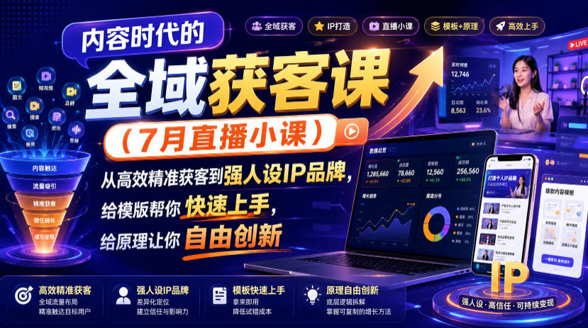 内容时代的全域获客课(7月直播小课)，从高效精准获客到强人设IP品牌，给模版帮你快速上手，给原理让你自由创新-钱途社