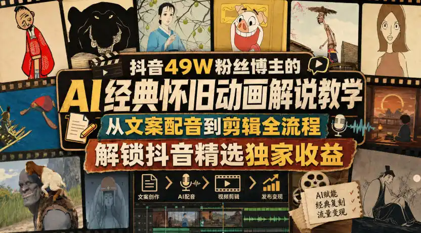 抖音49W粉丝博主的AI经典怀旧动画解说教学，从文案配音到剪辑全流程，解锁抖音精选独家收益-钱途社