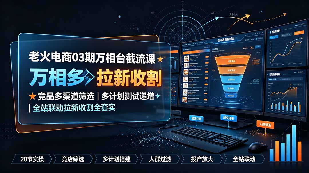 老火电商03期万相台截流课：竞品多渠道筛选｜多计划测试递增｜全站联动拉新收割全套实操教学-钱途社