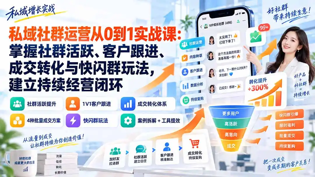 私域社群运营从0到1实战课：掌握社群活跃、客户跟进、成交转化与快闪群玩法，建立持续经营闭环-钱途社