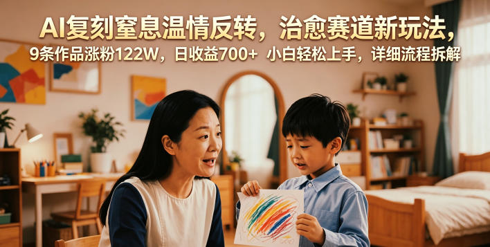 AI复刻窒息温情反转，治愈赛道新玩法，9条作品涨粉122W，日收益700+ 小白轻松上手，详细流程拆解-钱途社