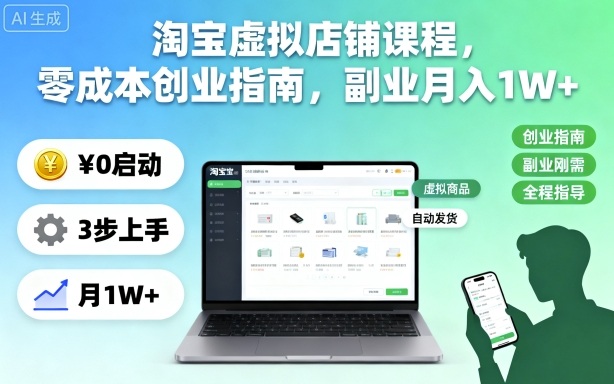 淘宝虚拟店铺课程,零成本创业指南,副业月入1W+-钱途社