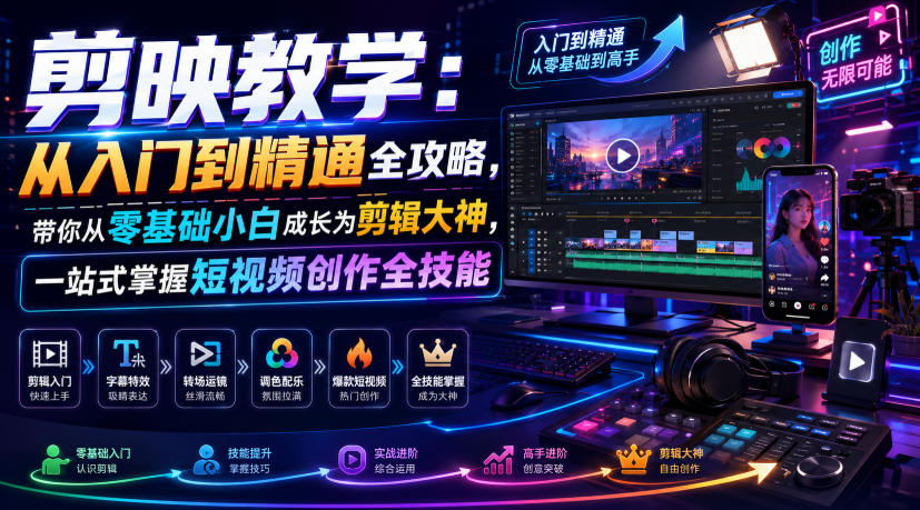 剪映教学：从入门到精通全攻略，带你从零基础小白成长为剪辑大神，一站式掌握短视频创作全技能-钱途社
