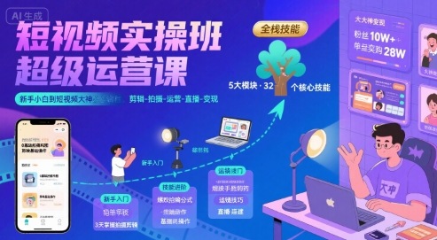 短视频实操班超级运营课，新手小白到短视频大神必修课程，剪辑-拍摄-运营-直播-变现-钱途社