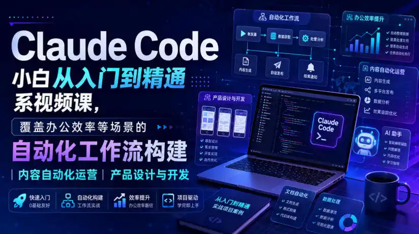 Claude Code小白从入门到精通系视频课，覆盖办公效率等场景的自动化工作流构建|内容自动化运营|产品设计与开发-钱途社