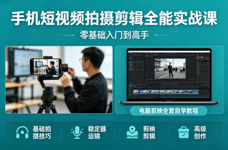 手机短视频拍摄剪辑全能实战课：零基础入门到高手，稳定器运镜+电脑剪映全套自学教程-钱途社