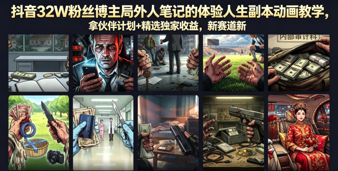 抖音32W粉丝博主局外人笔记的体验人生副本动画教学，拿伙伴计划+精选独家收益，新赛道新涨粉快【录制版】-钱途社