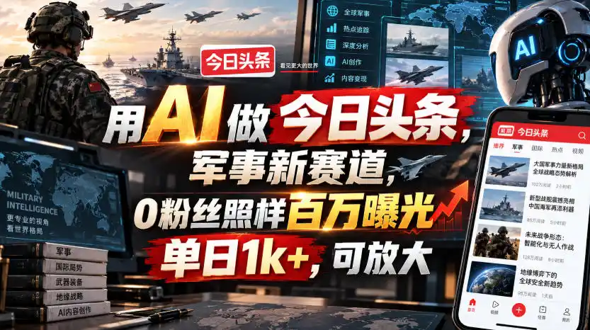 用AI做今日头条，军事新赛道，0粉丝照样百万曝光，单日1k+，可放大-钱途社