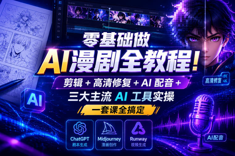 零基础做AI漫剧全教程！剪辑+高清修复+AI配音+三大主流AI工具实操，一套课全搞定-钱途社
