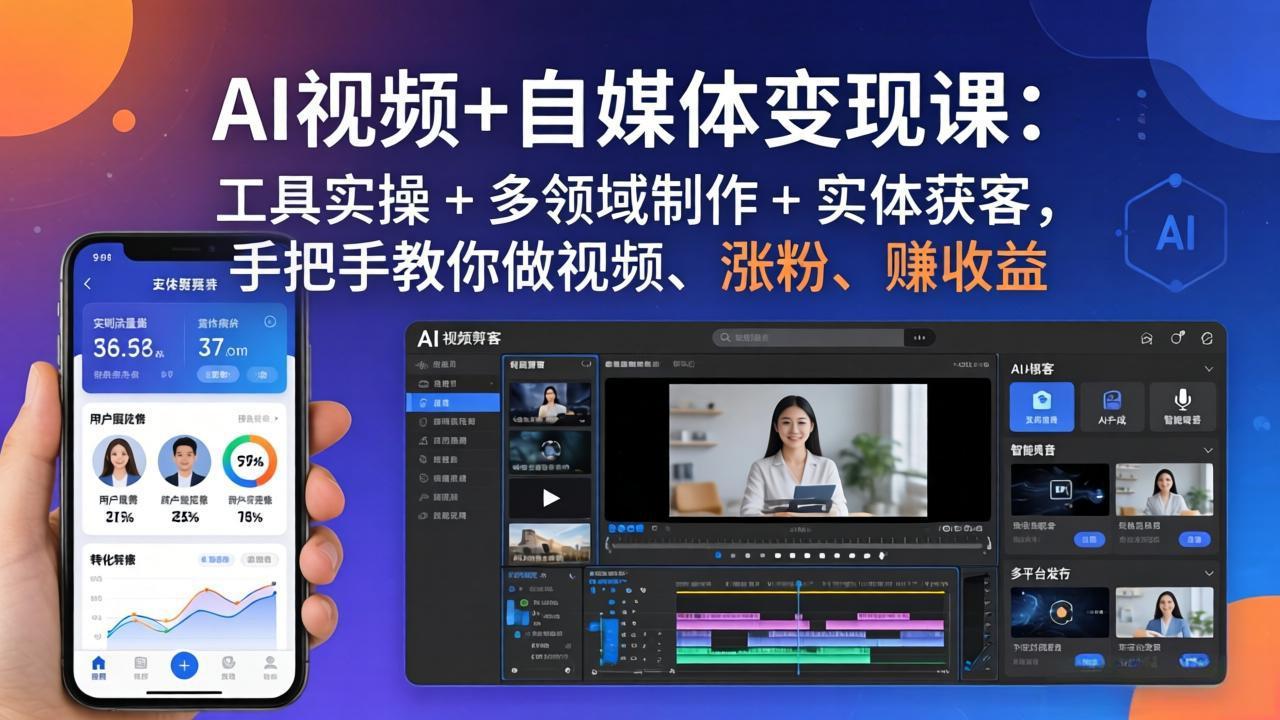AI视频+自媒体变现课：工具实操 + 多领域制作 + 实体获客，手把手教你做视频、涨粉、赚收益-钱途社