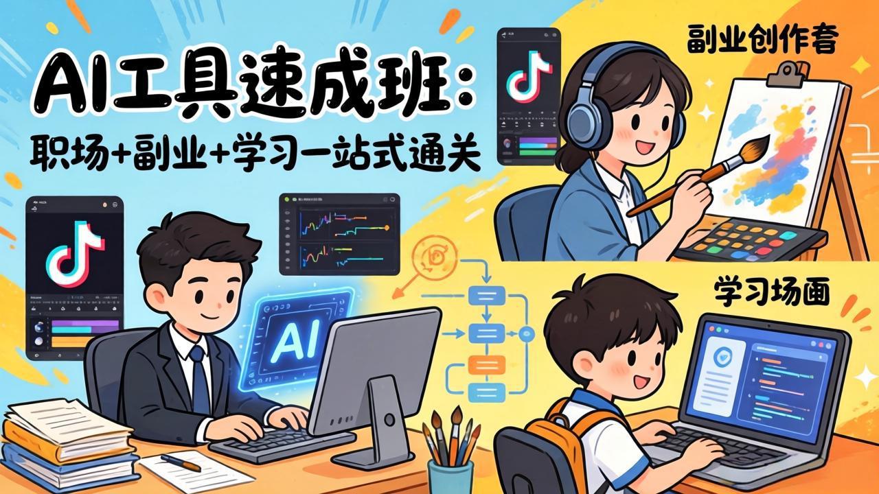 AI工具速成班：职场+副业+学习一站式通关，20+爆款类型+剪映技巧+抖音算法，0基础快速上手-钱途社