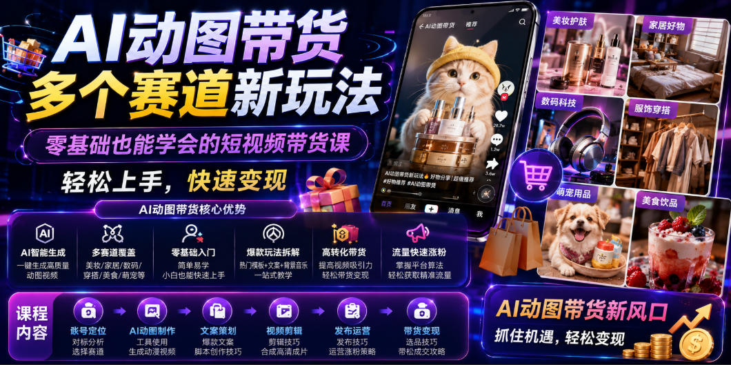 AI动图带货多个赛道新玩法，零基础也能学会的短视频带货课，轻松上手，快速变现-钱途社