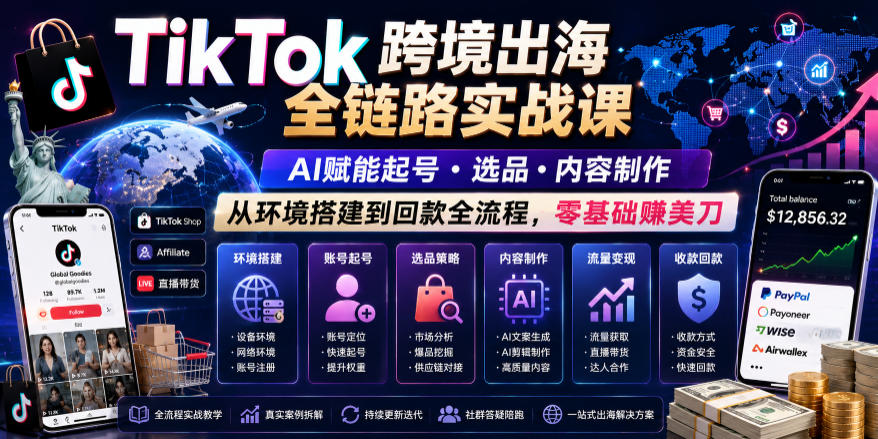 TikTok跨境出海全链路实战课，AI赋能起号・选品・内容制作，从环境搭建到回款全流程，零基础賺美刀-钱途社
