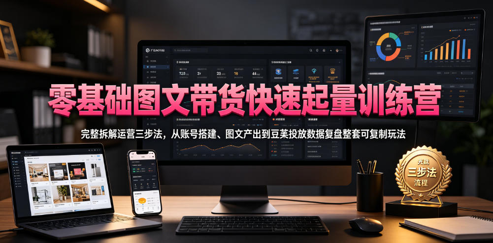 零基础图文带货快速起量训练营，完整拆解运营三步法，从账号搭建、图文产出到豆荚投放数据复盘整套可复制玩法-钱途社