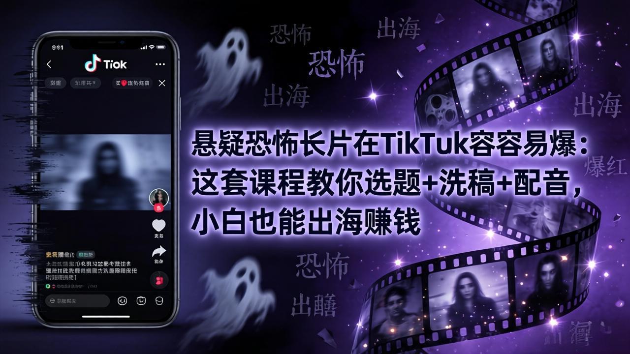 悬疑恐怖长片在TikTok最容易爆：这套课程教你选题+洗稿+配音，小白也能出海赚钱-钱途社