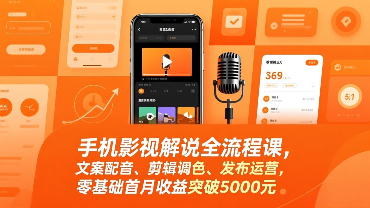 手机影视解说全流程课，文案配音、剪辑调色、发布运营，零基础首月收益突破5000元-钱途社