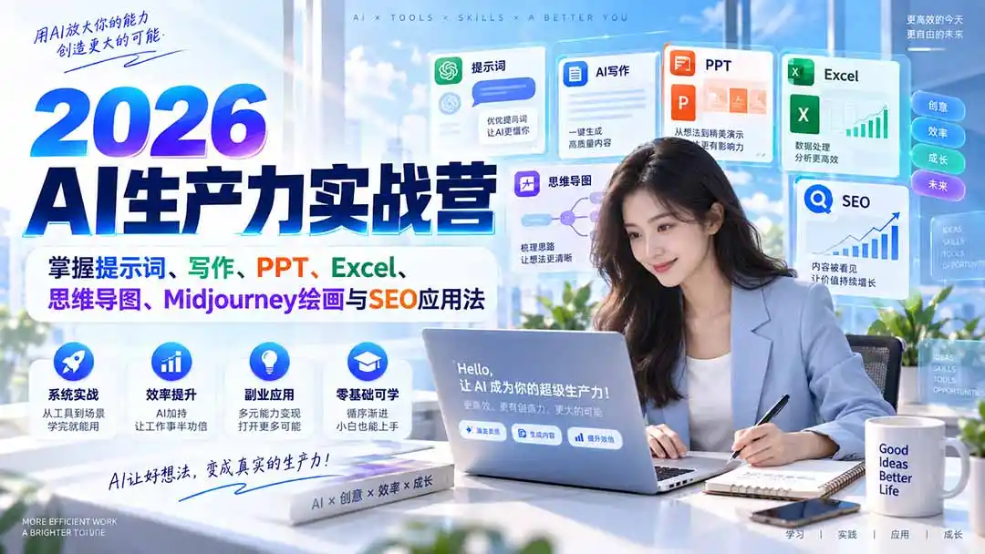 2026AI生产力实战营：掌握提示词、写作、PPT、Excel、思维导图、Midjourney绘画与SEO应用法-钱途社
