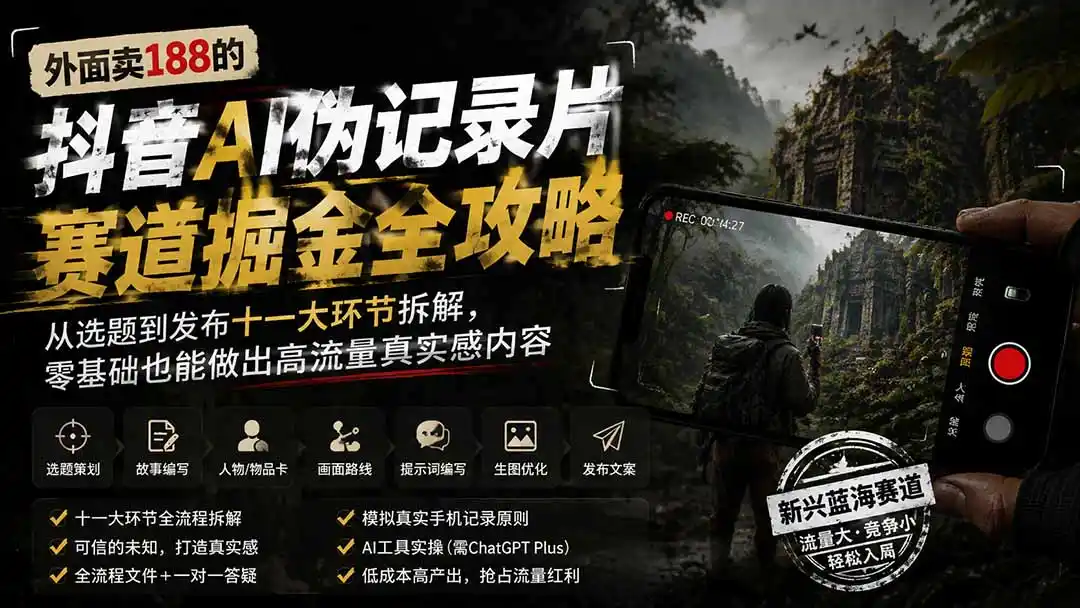 外面卖188的抖音AI伪记录片赛道掘金全攻略；从选题到发布十一大环节拆解，零基础也能做出高流量真实感内容-钱途社