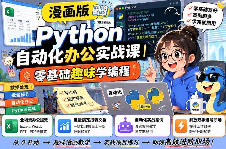 漫画版Python自动化办公实战课｜零基础趣味学编程，全场景办公提效、批量搞定报表文档、解放双手进阶职场-钱途社