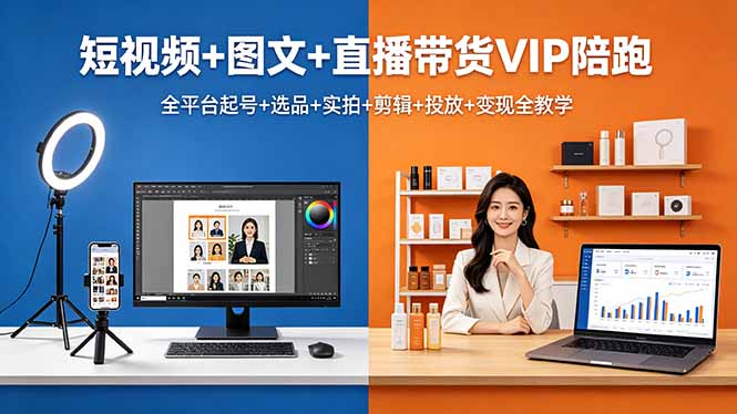 短视频+图文+直播带货VIP陪跑，全平台起号+选品+实拍+剪辑+投放+变现全教学-钱途社