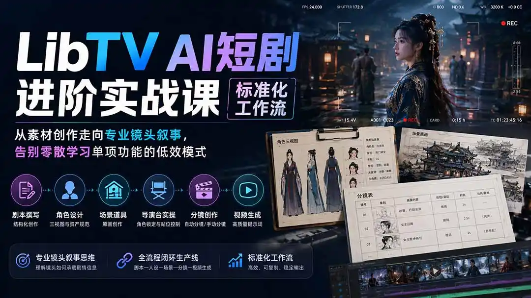 LibTV AI短剧进阶实操课标准化工作流；从素材创作走向专业镜头叙事，告别零散学习单项功能的低效模式-钱途社